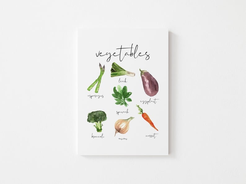 Op de afbeelding: Een aquarel-illustratie van verschillende groenten, waaronder asperges, prei, aubergine, spinazie, broccoli, ui en wortel. De groenten zijn in een cirkel gerangschikt met hun namen eronder. De titel "groenten" staat bovenaan de illustratie.
