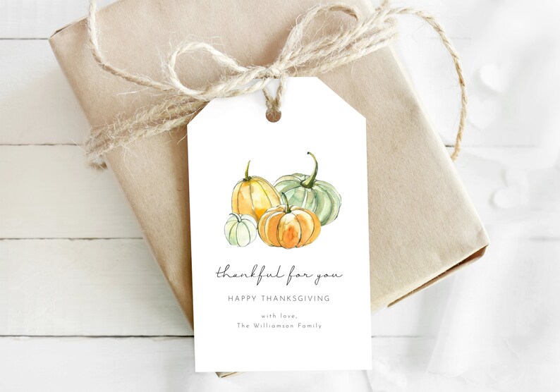 May include: A white gift tag with a watercolor illustration of three pumpkins in shades of green, orange, and yellow. The text on the tag reads "thankful for you" and "Happy Thanksgiving with love, The Williamson Family".