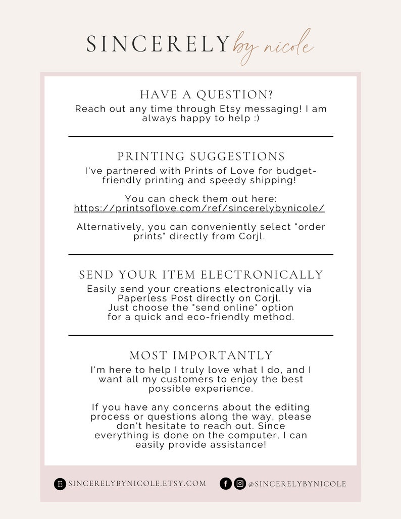 May include: A white background with black text outlining printing suggestions and instructions for sending items electronically. The text includes the website address "printsoflove.com/ref/sincerelybynicole/" and the phrase "send online option".