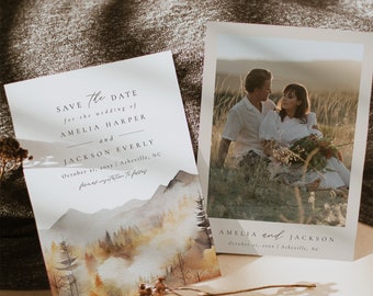 Fall Mountain Save The Date Template, Editable Printable Autumn Outdoor Wedding Save The Date, Fall Save The Date, Mountain Invites | Sawyer