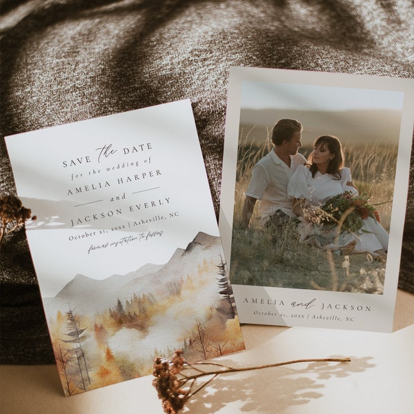Fall Mountain Save The Date Template, Editable Printable Autumn Outdoor Wedding Save The Date, Fall Save The Date, Mountain Invites | Sawyer