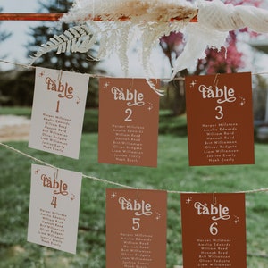Terracotta Retro Table Card Templates, Card Seating Chart Retro Wedding, Seating Chart 70's Groovy Wedding, Boho Wedding Seating | Birdie