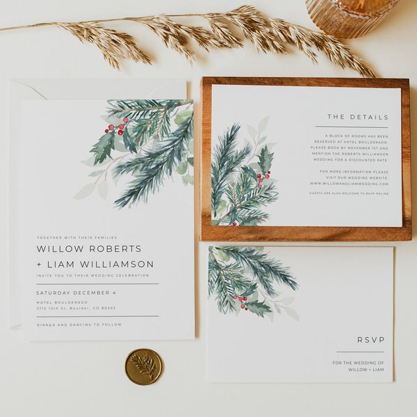 Winter Wedding Invitation Suite, Christmas Wedding Invitations, Christmas Wedding Invitation Printable, Rustic Holiday Invitation DIY | Eira