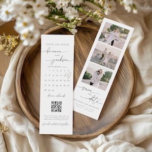 May include: Save the date card featuring a photo strip of a couple. The card includes a calendar with September 2023 highlighted, the names Brianna and Jackson, and the location Denver, Colorado. A QR code is provided for further information.