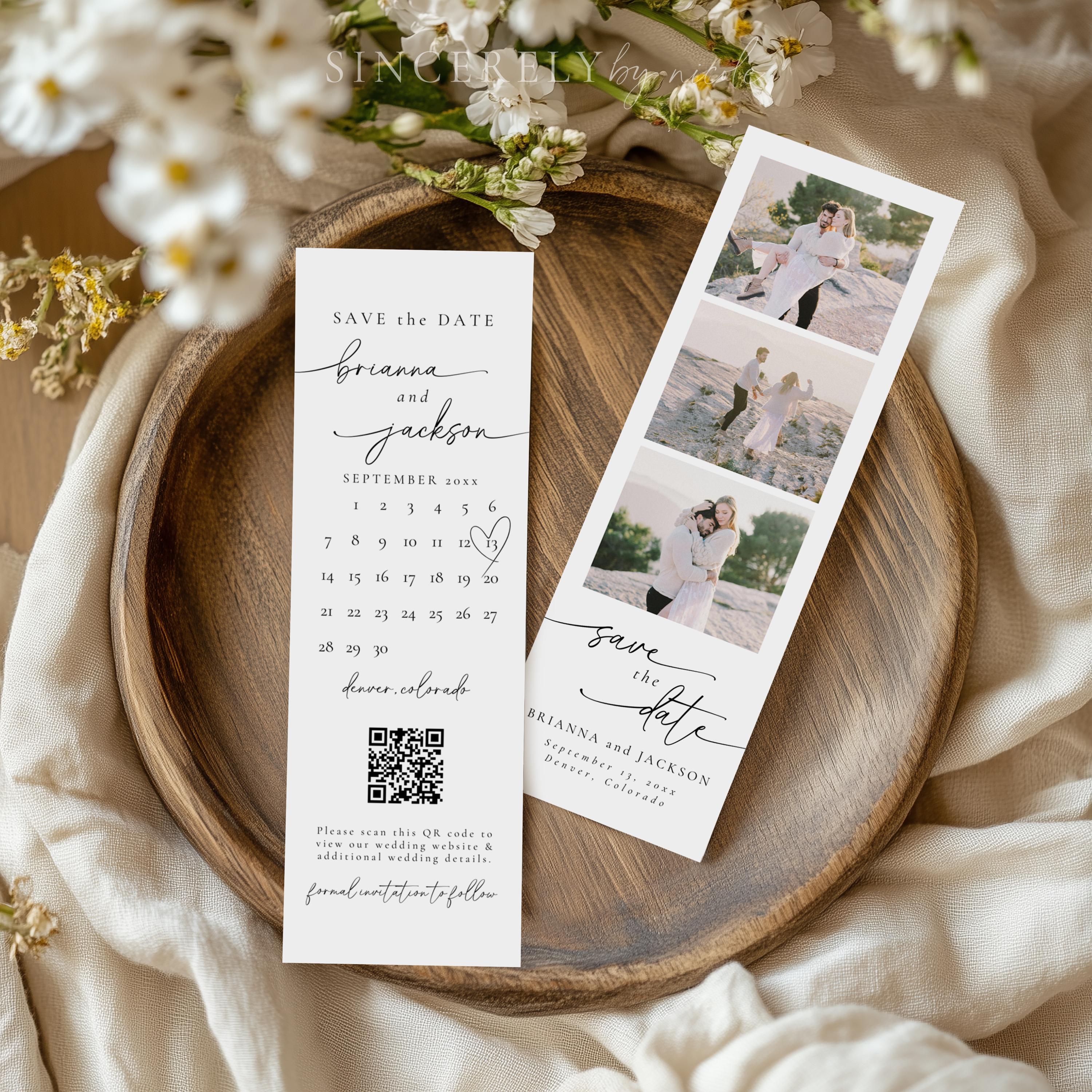 Photo Strip Save the Date, Photo Booth Save the Date, Modern Photo Strip Save the Date Template, Photo Strip Save The Date QR Code | Olivia