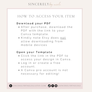 Digital download instructions for accessing and editing templates in Canva. Learn how to open files, edit without a Canva Pro account, and customize designs for invitations, cards, or event signs. Perfect for desktop users seeking easy customization.