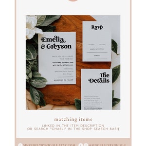 May include: A wedding invitation suite with a white background and black text. The invitation features the names "Emelia & Greyson" in a retro font. The RSVP card has a black and white design with the text "RSVP" in a bold font. The details card has a black and white design with the text "The Details" in a bold font.