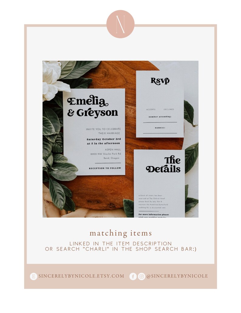 May include: A wedding invitation suite with a white background and black text. The invitation features the names "Emelia & Greyson" in a retro font. The RSVP card has a black and white design with the text "RSVP" in a bold font. The details card has a black and white design with the text "The Details" in a bold font.