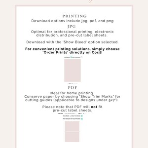 May include: A light pink and white graphic with text that reads "SINCERELY by nicole" at the top. The image provides printing instructions for JPG and PDF formats, including options for professional and home printing.