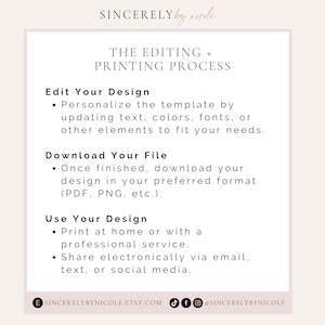 Step-by-step guide for editing digital templates. Personalize designs with text, fonts, or colors, download in PDF or PNG format, and share digitally or print. Ideal for customizing wedding invitations, signage, or event stationery.