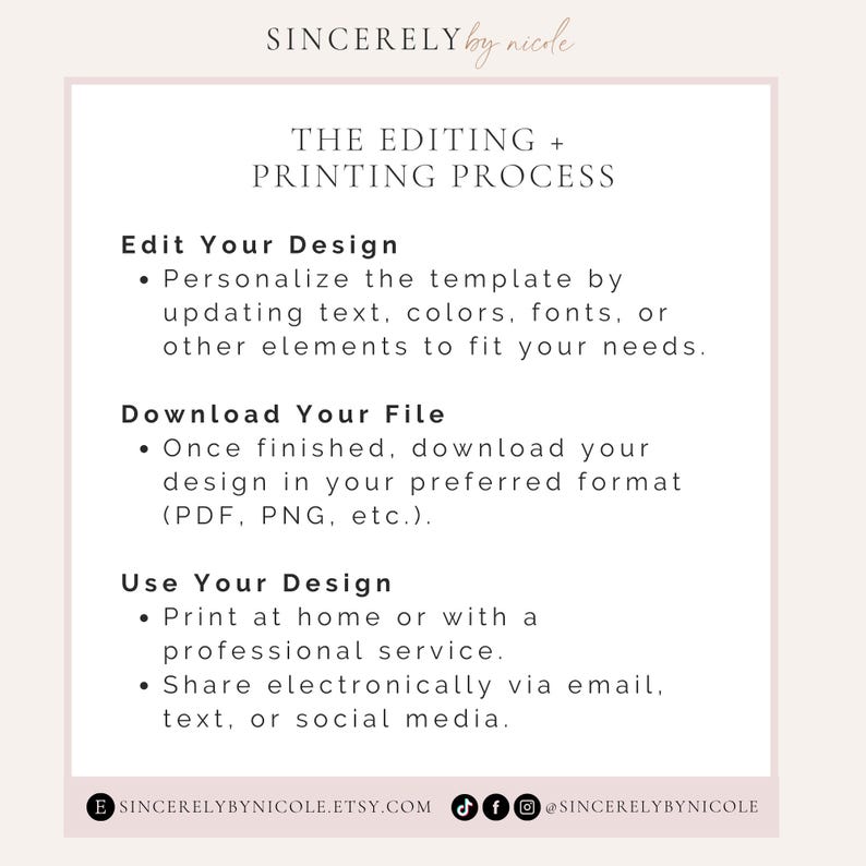 Step-by-step guide for editing digital templates. Personalize designs with text, fonts, or colors, download in PDF or PNG format, and share digitally or print. Ideal for customizing wedding invitations, signage, or event stationery.