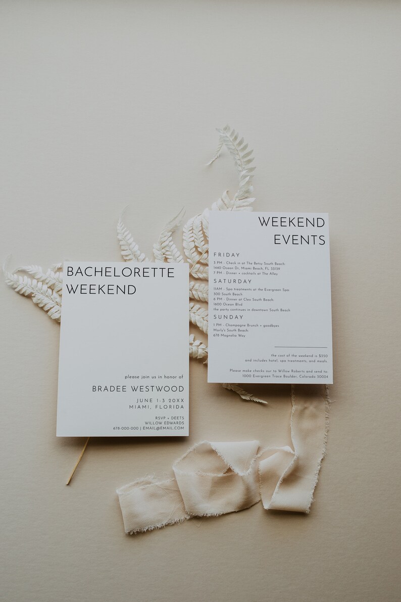 Simple bachelorette weekend invitation and event schedule card displayed with natural dried fern and soft fabric. The design highlights a modern, minimalist style for a celebration.