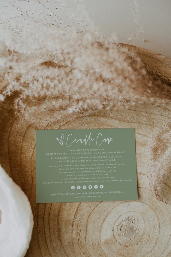 Candle Care Card Template with Icons, Candle Instructions, Small Business Care Card Template, Editable Thank You Card, Package Insert | Ashe
