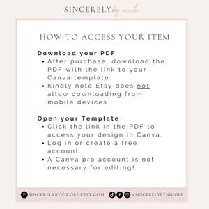 Digital download instructions for accessing and editing templates in Canva. Learn how to open files, edit without a Canva Pro account, and customize designs for invitations, cards, or event signs. Perfect for desktop users seeking easy customization.