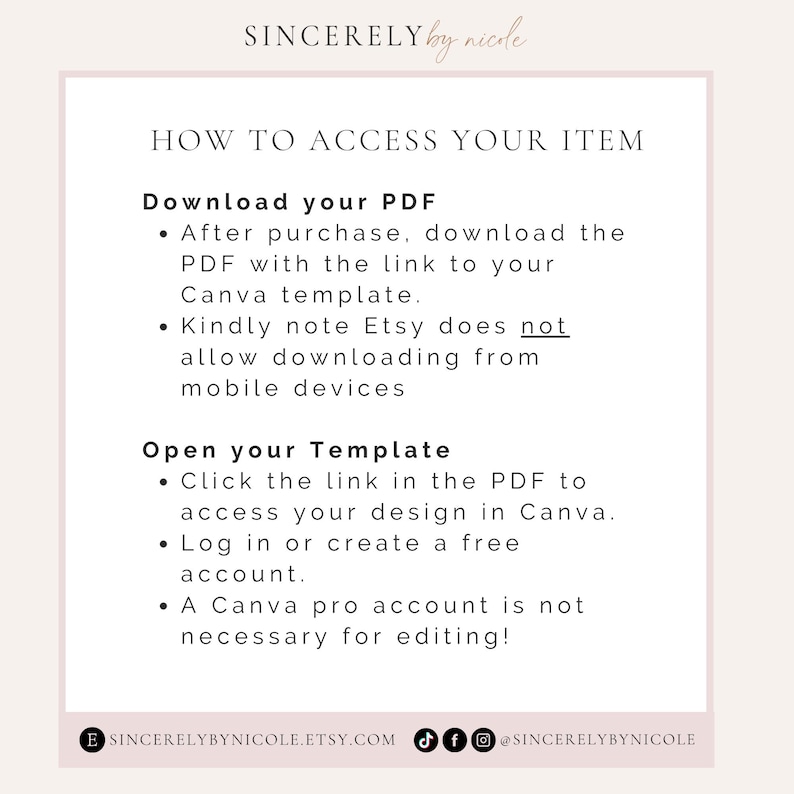 Digital download instructions for accessing and editing templates in Canva. Learn how to open files, edit without a Canva Pro account, and customize designs for invitations, cards, or event signs. Perfect for desktop users seeking easy customization.