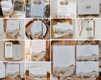 Mountain Wedding Invitation Template Bundle, Mountain Fall Wedding, Outdoor Fall Wedding Template Bundle, Mountain Wedding Bundle | Sawyer