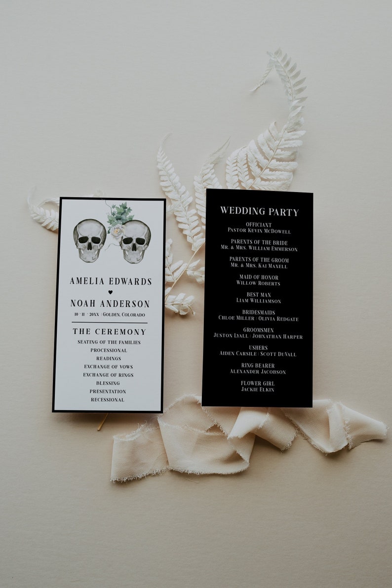 Halloween Wedding Program Template, Skull Wedding Editable Printable Wedding Program, Gothic Halloween Skull Program Template DIY Sabrina image 1