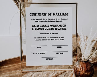 Retro Certificate Of Marriage, Editable Printable Certificate Of Marriage, Wedding Keepsake Certificate of Marriage, DIY Wedding | Amy