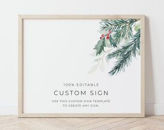 Editable Christmas Sign, Printable Holiday Sign Template, Custom Christmas Sign, Winter Sign, Greenery Sign Template Editable, Signs | Eira