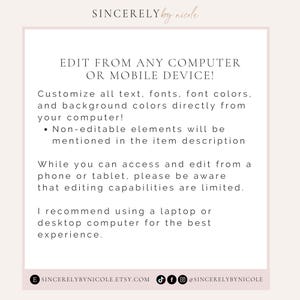 Guidelines for editing templates on desktop or mobile. Customize text, fonts, and colors in Canva, with recommendations for optimal use on laptops or desktops. Ideal for personalizing invitations, event signs, or cards.