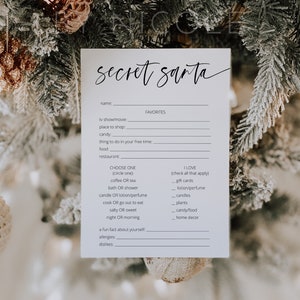 Secret Santa Questionnaire Template, Editable Printable Secret Santa Questionnaire, Gift Exchange Questionnaire, Christmas Party | Harper