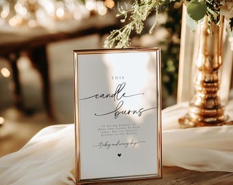 May include: A gold-framed sign with the text "This candle burns in loving memory of those who cannot be here today, but are forever present in our hearts today and every day".