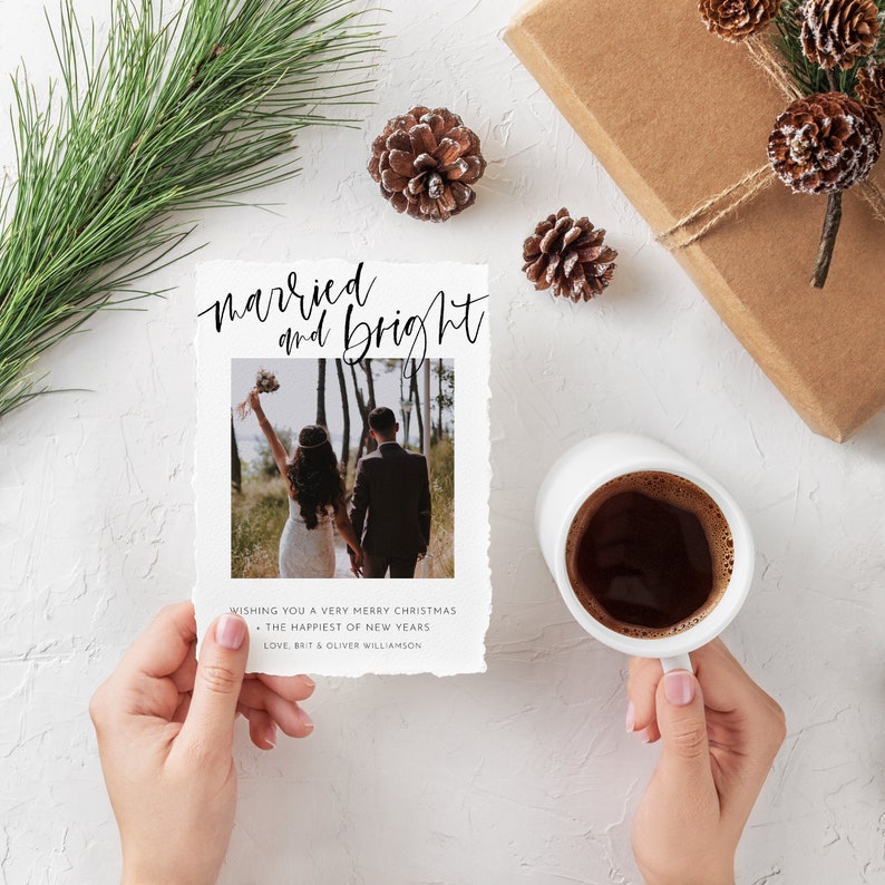 Married And Bright Christmas Card Template, Photo Christmas Card Template, Newlywed Christmas Card, Just Married Holiday Card Harper image 2