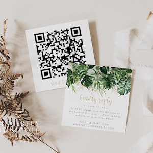 Tropical Greenery QR Code RSVP Enclosure Card, Bach Wedding QR Code Response Cards, Gold Greenery Wedding Beach Destination Qr Code | Luana
