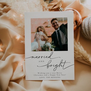 Married And Bright Christmas Card Template, Photo Christmas Card Template, Newlywed Christmas Card, Just Married Holiday Card | Olivia