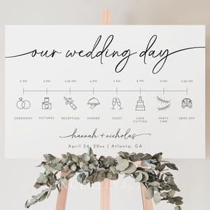 印刷可能な結婚式タイムラインサインテンプレート、モダンな結婚式のイベント順序の結婚式タイムラインサイン、結婚式当日のアイコンタイムラインサイン | Olivia