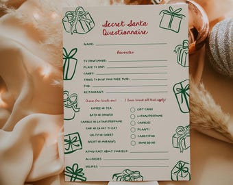 May include: A printable Secret Santa Questionnaire with a festive Christmas theme. The questionnaire asks for favorite TV shows, places to shop, candy, things to do in free time, food, restaurants, coffee or tea, bath or shower, candle or lotion/perfume, cook or go out to eat, salty or sweet, night or morning, a fun fact about yourself, allergies, and dislikes. It also includes a section for gift preferences with checkboxes for gift cards, lotion/perfume, candles, plants, candy/food, and home decor.