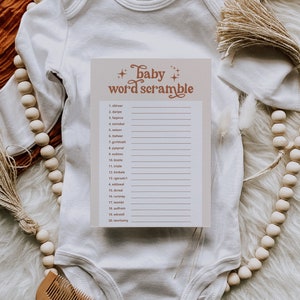 Word Scramble Baby Shower Game, Boho Word Scramble Baby Shower Game Template, Baby Shower Word Scramble with Answer Key, Games  | Olivia