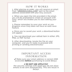 May include: A white and pink graphic with instructions on how to use a digital design platform. The text includes the phrase "SINCERELY by nicole" and the email address "ORDERS@CORJL.COM".