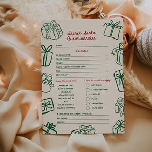 PRINTED & SHIPPED Hand Drawn Secret Santa Questionnaire, Secret Santa Questionnaire, Gift Exchange Questionnaire, Christmas Party | Carly