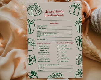 May include: A Secret Santa questionnaire on a white card with green gift illustrations and red text. The questionnaire includes sections for favorites, and check boxes for gift preferences. The card is on a beige background with decorative ornaments.