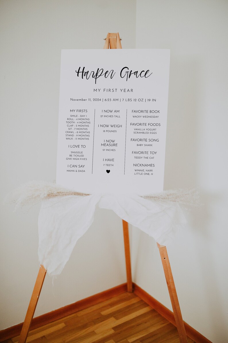 Modern Minimal Baby Milestone Board, Editable Printable First Birthday Milestone Board Template, Black And White Milestone Sign | Harper image 1