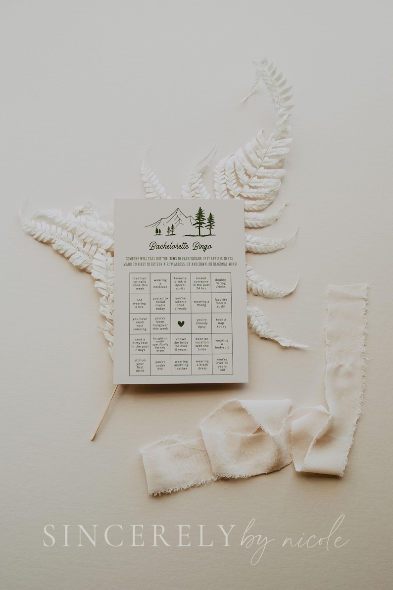 A nature-inspired bachelorette bingo card styled with soft beige tones and delicate fabric accents. Featuring a neutral color palette and fun-filled prompts, this game is ideal for low-key yet stylish bridal celebrations.