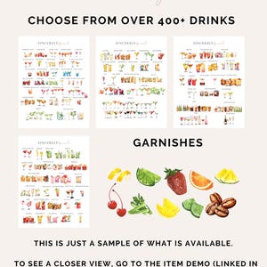 Sample display showcasing over 400 illustrated drink options and garnishes. Includes cocktails, martinis, and tropical drinks with vibrant garnish options like lime, lemon, strawberry, and cherry. Perfect for custom drink menus and events.