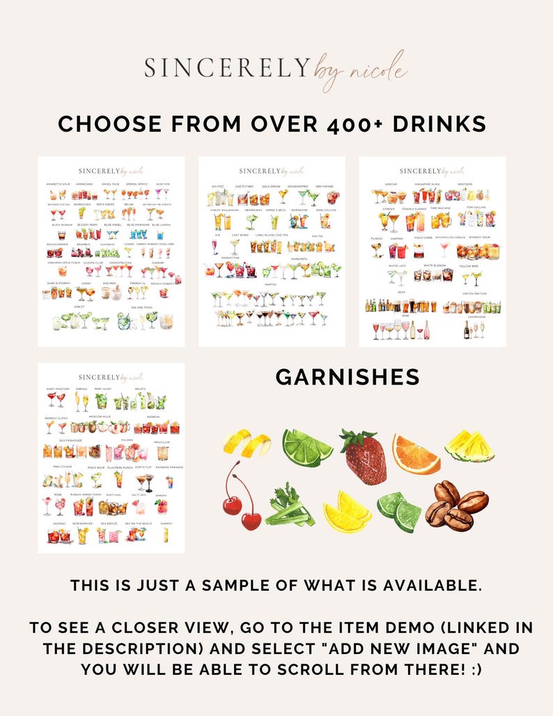 Sample display showcasing over 400 illustrated drink options and garnishes. Includes cocktails, martinis, and tropical drinks with vibrant garnish options like lime, lemon, strawberry, and cherry. Perfect for custom drink menus and events.