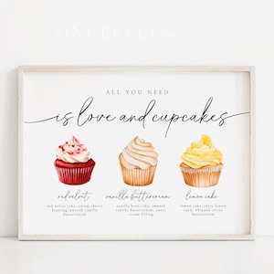 Dessert table sign for weddings listing cupcake flavors: red velvet, vanilla buttercream, and lemon cake. A tasteful display for events.