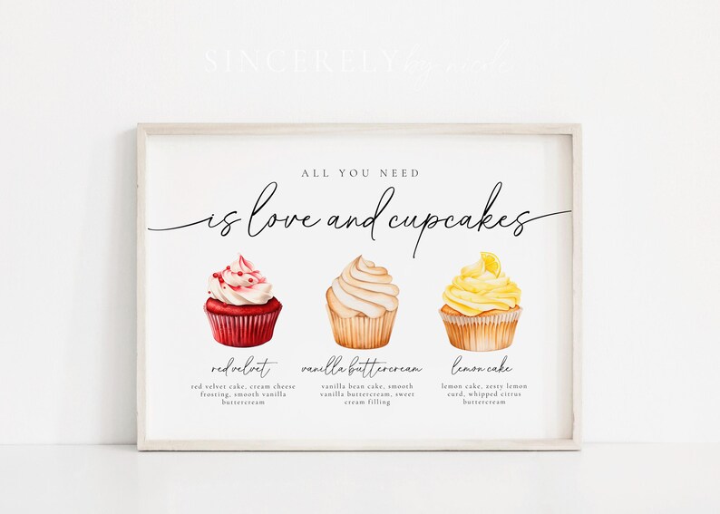 Dessert table sign for weddings listing cupcake flavors: red velvet, vanilla buttercream, and lemon cake. A tasteful display for events.