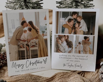 Op de afbeelding: Een kerstkaart met een foto van een gezin van vier. De kaart heeft een witte achtergrond met zwarte tekst die "Merry Christmas" en "THE TAYLOR FAMILY | 20xx" luidt.