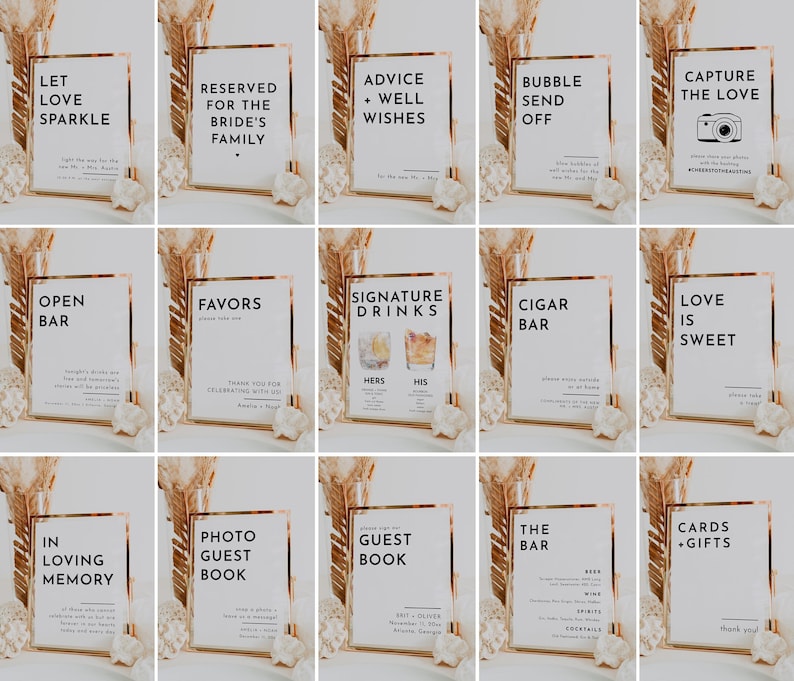 Puede incluir: Un conjunto de 12 carteles de boda con marco dorado, fondo blanco y texto negro. Los carteles incluyen frases como "Let Love Sparkle", "Reserved for the Bride's Family", "Advice + Well Wishes", "Bubble Send Off", "Capture the Love", "Open Bar", "Favors", "Signature Drinks", "Cigar Bar", "Love is Sweet", "In Loving Memory", "Photo Guest Book", "Guest Book", "The Bar", and "Cards + Gifts".