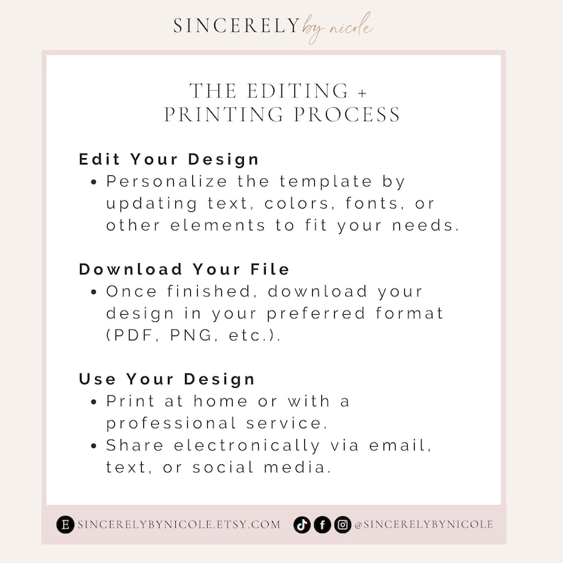 Step-by-step guide for editing digital templates. Personalize designs with text, fonts, or colors, download in PDF or PNG format, and share digitally or print. Ideal for customizing wedding invitations, signage, or event stationery.