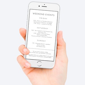 K&ouml;nnte beinhalten: Ein Smartphone-Bildschirm zeigt einen Wochenend-Veranstaltungsplan. Der Plan umfasst Veranstaltungen f&uuml;r Freitag, Samstag und Sonntag. Zu den Veranstaltungen geh&ouml;ren das Einchecken im The Battery Charleston, Spa-Behandlungen im The Evergreen Spa, Abendessen im Wildflower und Champagner-Brunch im Mary's On Main.