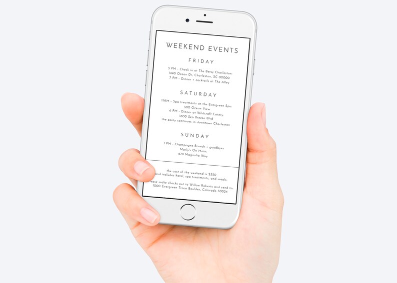 K&ouml;nnte beinhalten: Ein Smartphone-Bildschirm zeigt einen Wochenend-Veranstaltungsplan. Der Plan umfasst Veranstaltungen f&uuml;r Freitag, Samstag und Sonntag. Zu den Veranstaltungen geh&ouml;ren das Einchecken im The Battery Charleston, Spa-Behandlungen im The Evergreen Spa, Abendessen im Wildflower und Champagner-Brunch im Mary's On Main.
