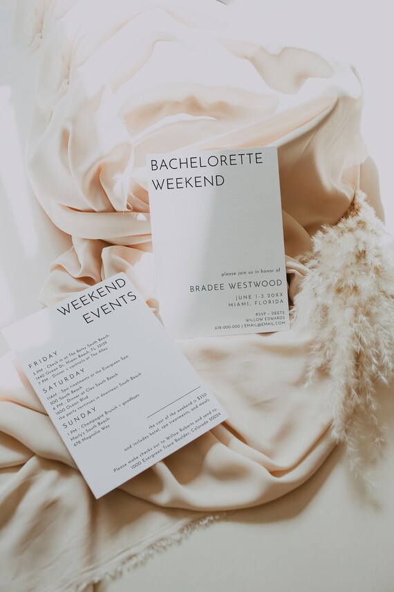 Modern Bachelorette Invitation Itinerary Template, Bachelorette Weekend Invite Itinerary, Elegant Bachelorette Party Invitation | Harlow