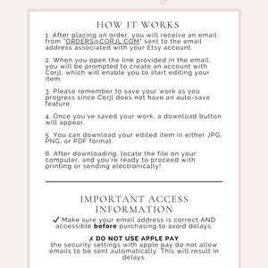 May include: A cream-colored informational graphic with the text "SINCERELY by nicole" at the top. The graphic details how to access and edit a purchased item, including downloading in JPG, PNG, or PDF formats. It also provides important access information.