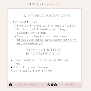 Printing and sharing tips for digital templates. Features a recommended printing partner and options for downloading designs in JPG or PNG. Great for creating professional-quality wedding invitations, cards, or event signage.