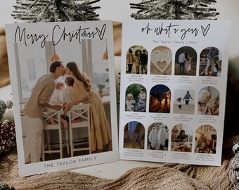 May include: A Christmas card with a photo of a family of four. The card has the text "Merry Christmas" and "The Taylor Family" on it. The card also has a calendar of photos from the year with the text "Oh what a year" and "The Taylor Family 20xx" on it.